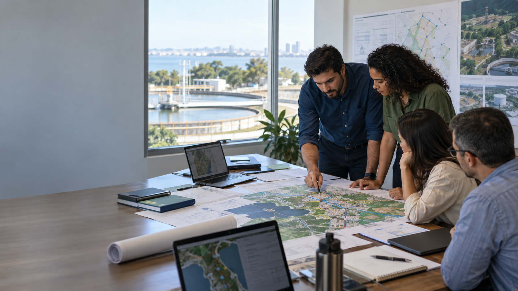 Equipe técnica fictícia analisa mapas e projetos de saneamento em ambiente de planejamento.